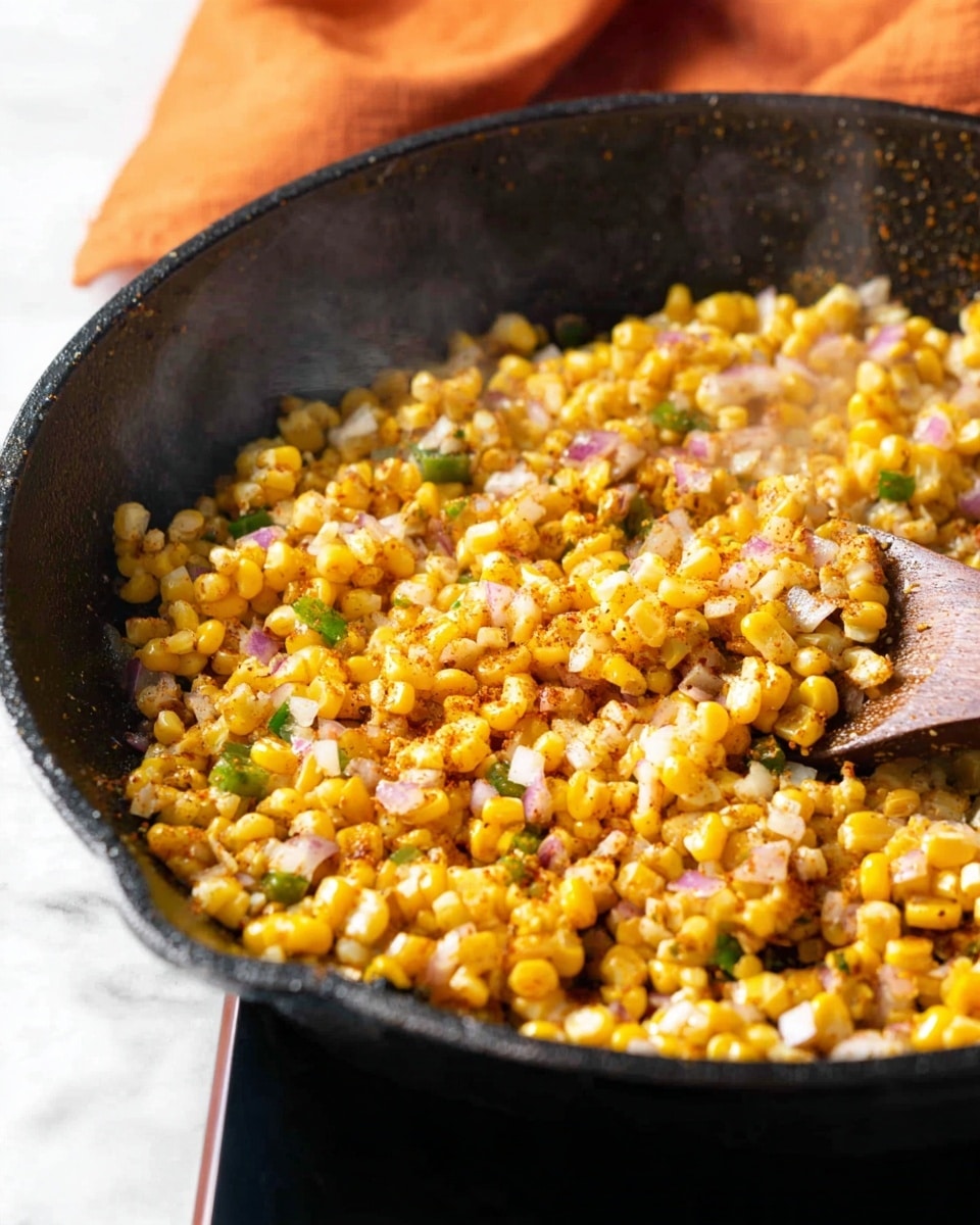 A close-up view of a black cast iron pan filled with cooked yellow corn kernels mixed with small pieces of green chili and diced red onions. The corn has a lightly browned texture with visible seasoning, giving a slightly crispy and rich look. The pan sits on a black stovetop, with steam rising subtly from the warm mixture. An orange cloth is in the background on a white marbled surface. A wooden spatula is partially visible on the right side, stirring the corn. Photo taken with an iphone --ar 4:5 --v 7