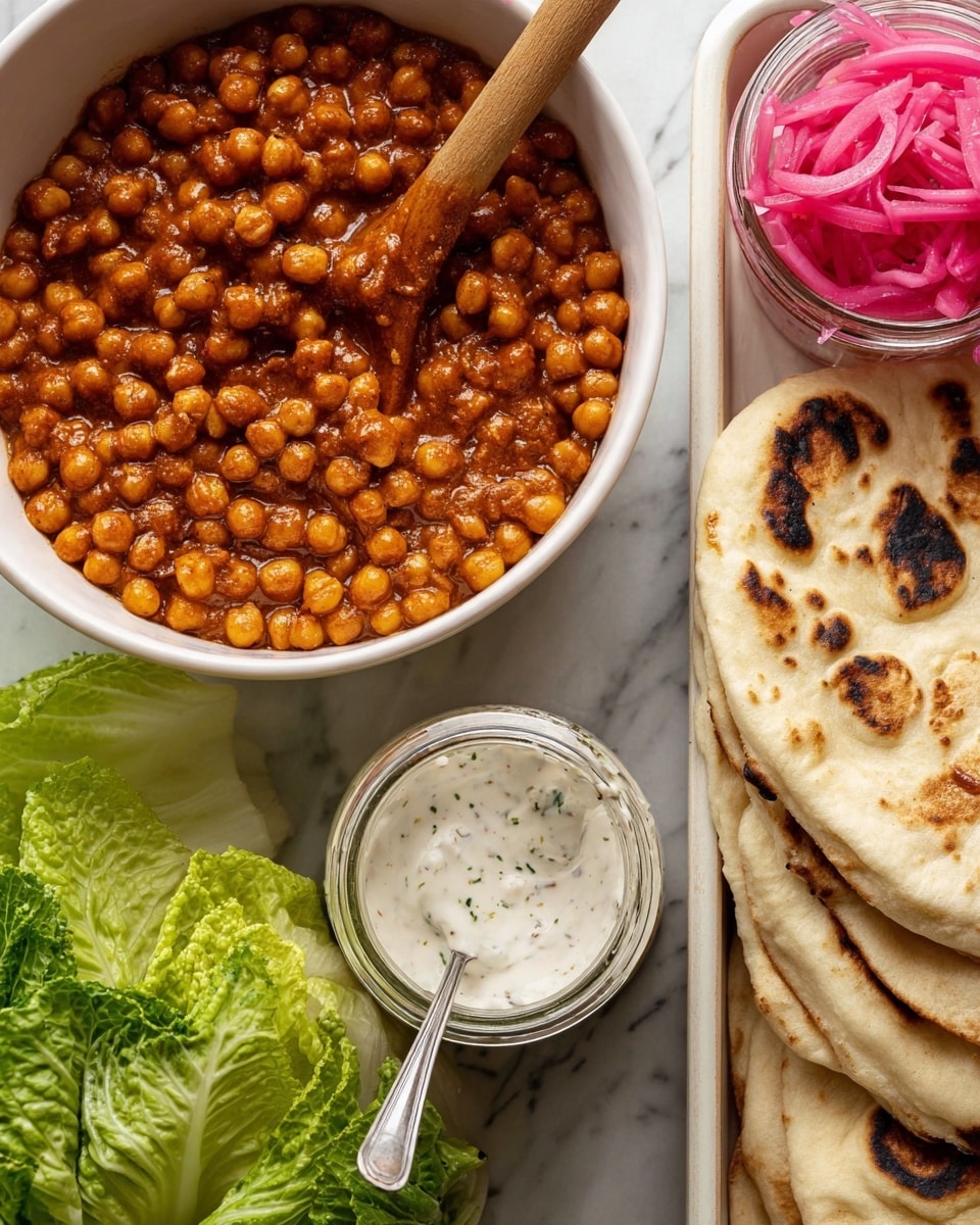 A white bowl filled with a single layer of small, round chickpeas cooked in a thick, dark orange-brown sauce, with a wooden spoon resting inside the bowl, partially covered in sauce. To the right, there are stacked pieces of naan bread with dark toasted spots on a white tray, showing three layers of flat, irregular-shaped bread. Below the bowl, there is a small glass jar of thick, creamy white sauce with green herbs mixed in, and a spoon dipped into it. To the left and bottom left, fresh green romaine lettuce leaves with visible veins and texture form a bunch of layered leaves. At the bottom right edge, part of a jar containing pickled red onions with bright pink and purple layers can be seen. The whole scene is on a white marbled surface. Photo taken with an iphone --ar 4:5 --v 7