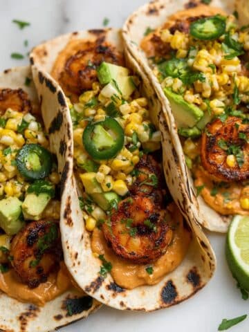 Shrimp Taco with Roasted Corn Avocado Salsa and Spicy Lime Sauce Recipe