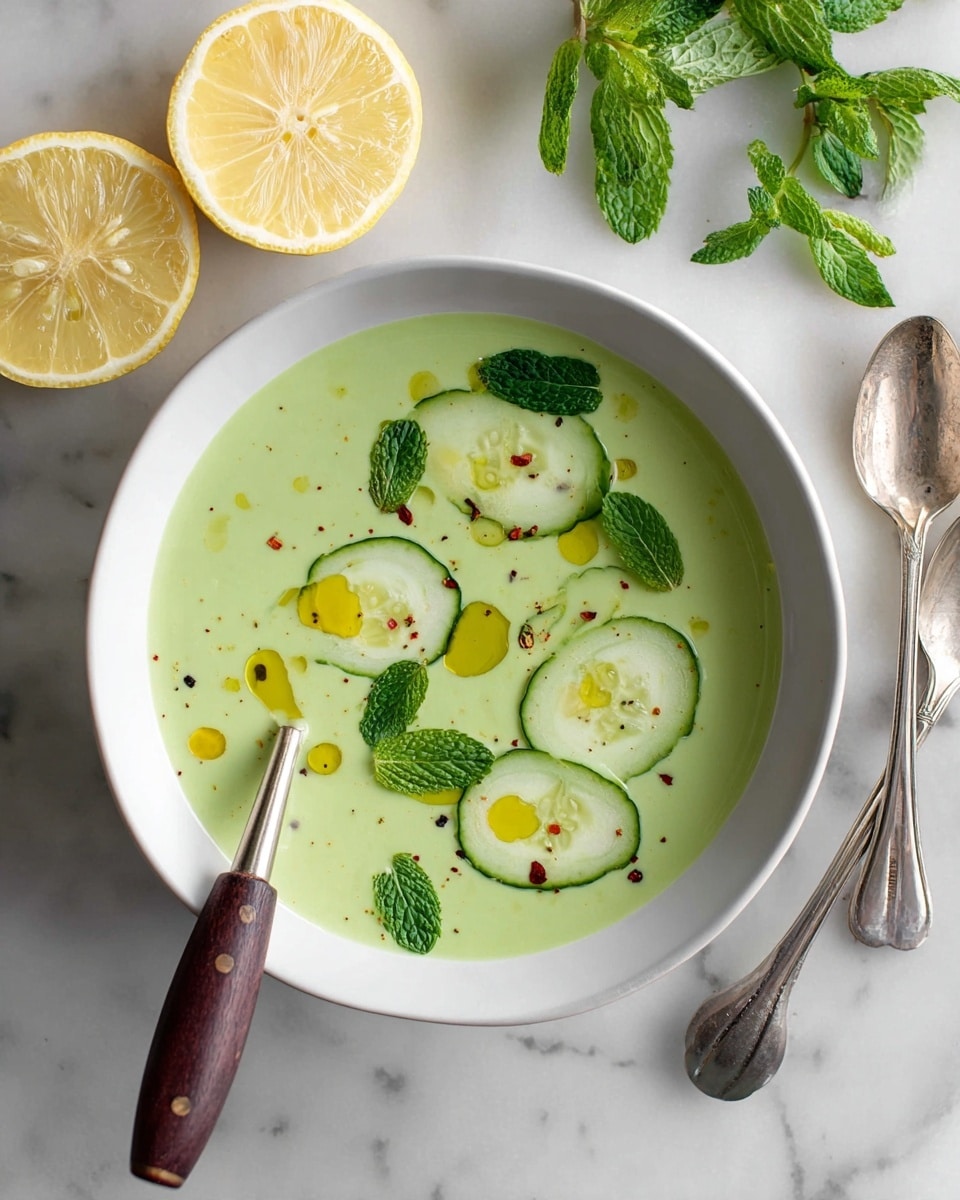 A white bowl filled with a smooth, light green soup takes center stage, topped with three thin cucumber slices and scattered fresh mint leaves, adding darker green spots. Small drops of golden oil float on the surface alongside tiny black pepper specks. A spoon with a dark brown handle rests inside the bowl on the left side. Above the bowl, two lemon halves with bright yellow skin and pale yellow flesh are placed on a white marbled surface, next to fresh green mint sprigs. To the right, two silver spoons lay overlapping on the same white marbled background. photo taken with an iphone --ar 4:5 --v 7