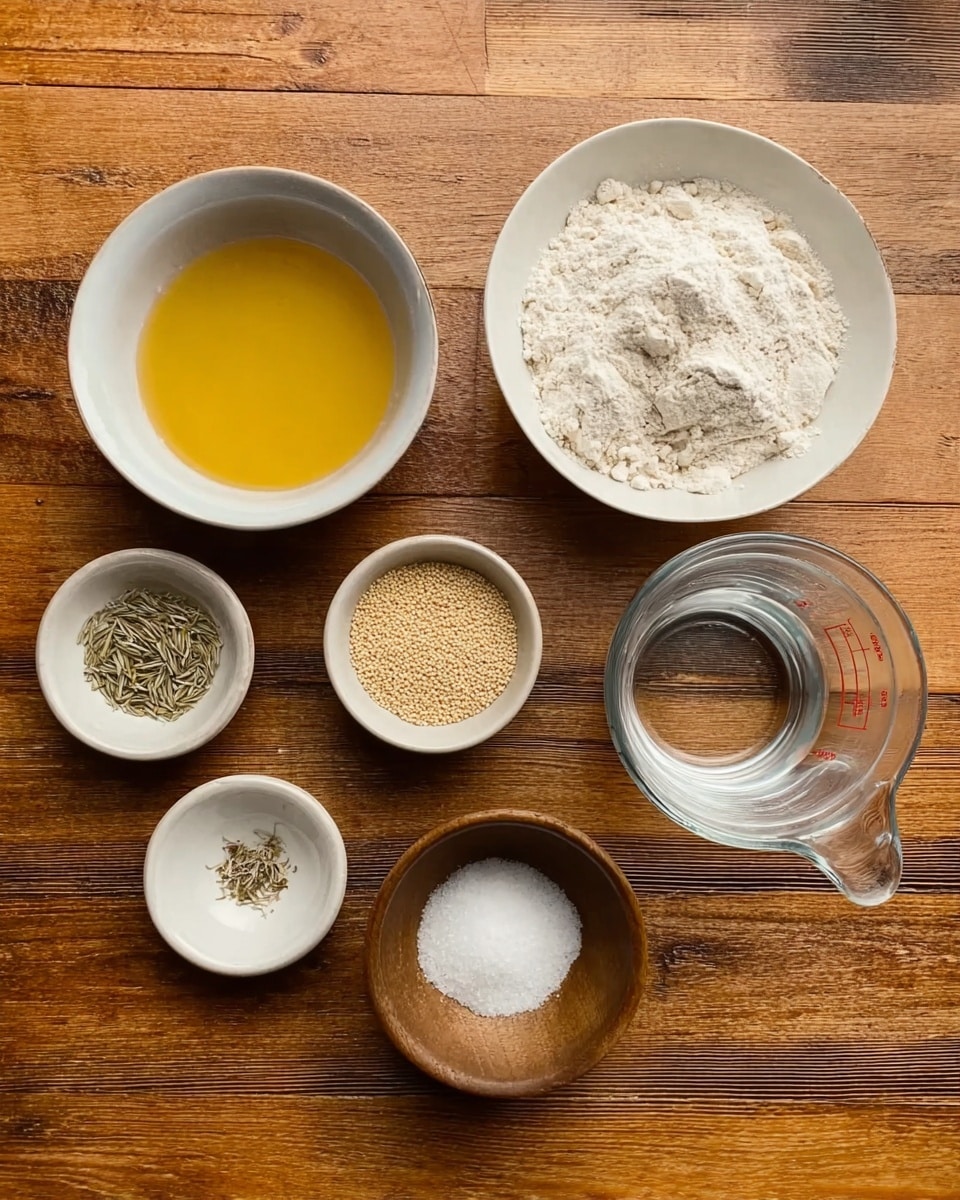 The image shows seven small bowls of different ingredients arranged on a wooden surface. The largest bowl on the right side is clear and filled with white flour that has a slightly rough texture. Above it is a medium white bowl containing a golden yellow liquid that looks smooth. To the left of the liquid is another small white bowl filled with a light beige powder. Below this is a small glass bowl with tiny light brown granules resembling yeast. At the bottom left, there is a tiny white bowl with dried greenish herbs and next to it is a small brown bowl with coarse white salt. A clear glass measuring cup with water is also visible in the lower center of the image. The setting is simple and clean with a warm tone from the wooden background photo taken with an iphone --ar 4:5 --v 7
