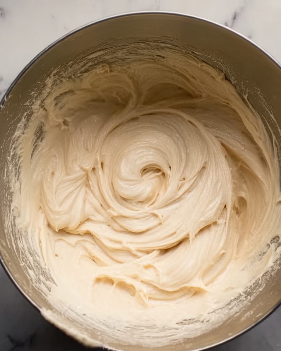 The image shows a close-up of thick, creamy batter being mixed in a shiny metal bowl. The batter has a smooth, light beige color with a soft, fluffy texture. The mixing action creates swirls and folds in the batter, showing movement and adding a sense of depth. The bowl's shiny surface reflects some light, contrasting with the matte look of the batter inside. The background has a white marbled texture. photo taken with an iphone --ar 4:5 --v 7