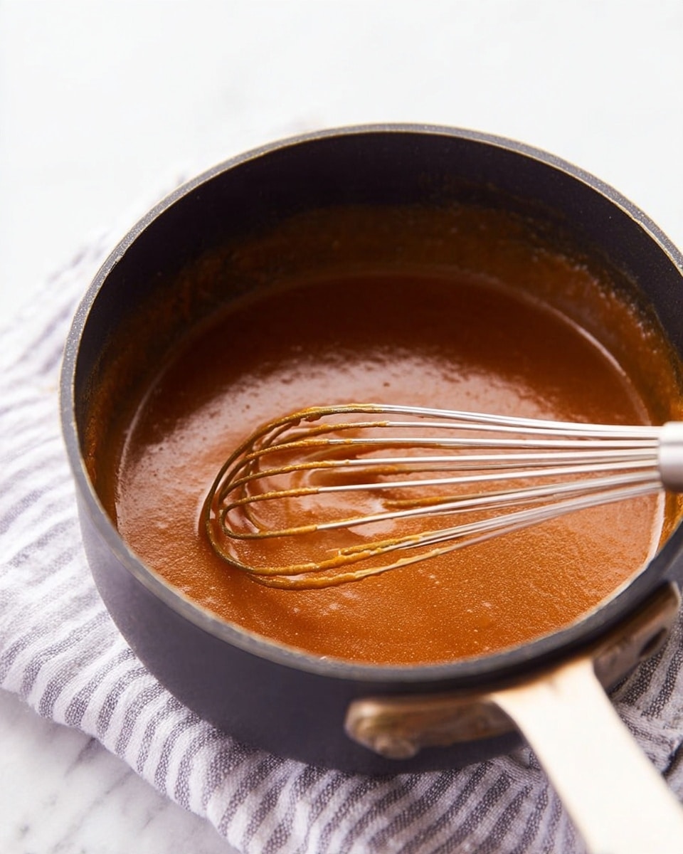 A close-up image of a black saucepan containing a smooth, thick, brown sauce with a slightly shiny surface. Inside the pan is a metal whisk stirring the sauce, with some sauce coating the whisk wires, creating thin streaks of deeper brown. The pan sits on a white cloth with light stripe patterns, all placed on a white marbled surface. The background is softly lit and plain. Photo taken with an iphone --ar 4:5 --v 7
