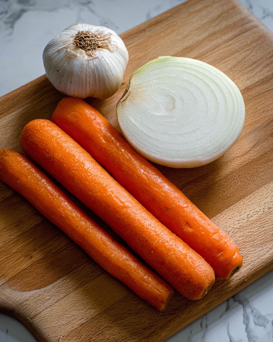 The image shows a wooden cutting board on a white marbled surface with three whole orange carrots placed diagonally across it. On the top left of the board, there is a whole garlic bulb with a rough, brownish root end. Next to the garlic, a large white onion is cut in half, showing its smooth, shiny, and slightly wet inner layers arranged in rings. The colors are natural, with bright orange carrots, white and pale green onion layers, and off-white garlic skin. The lighting highlights the freshness and texture of the vegetables. Photo taken with an iphone --ar 4:5 --v 7