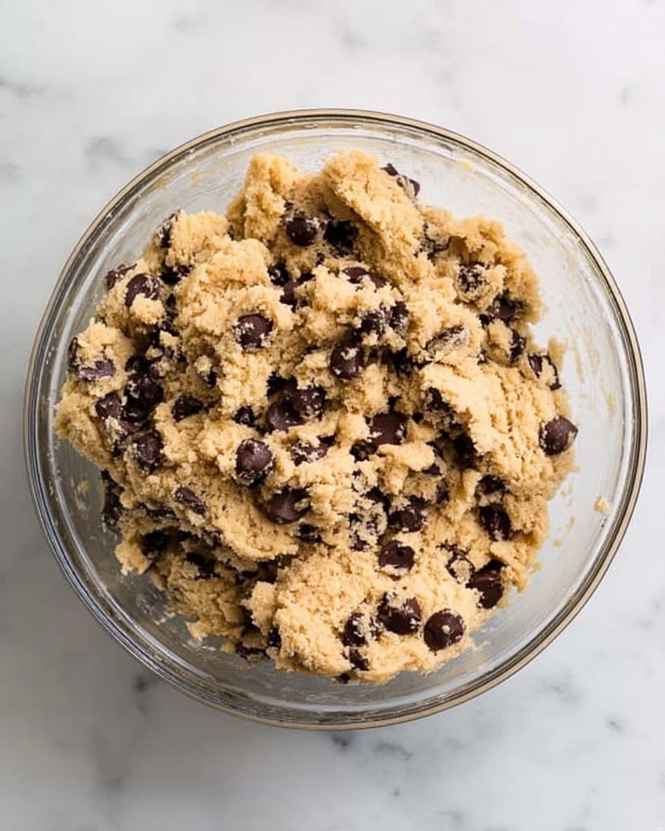 A clear glass bowl filled with light beige cookie dough mixed with many dark brown chocolate chips scattered evenly throughout; the dough looks soft and slightly crumbly with some larger chunks visible, placed on a white marbled surface, photo taken with an iphone --ar 4:5 --v 7
