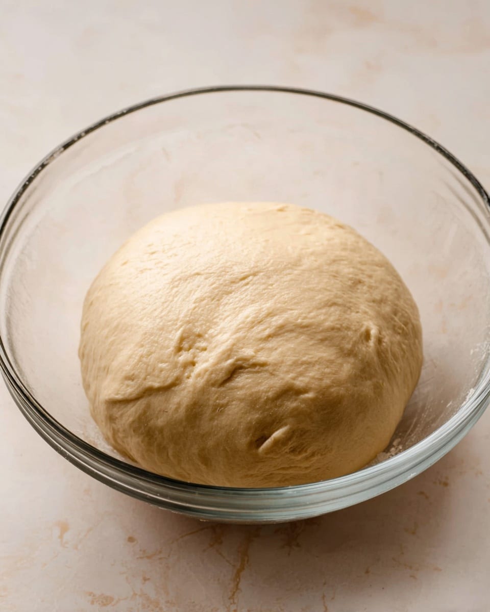 A clear glass bowl holding a smooth, round ball of pale beige dough resting inside. The dough has a slightly shiny surface with a soft texture and a small raised bump on one side. The bowl is placed on a white marbled textured surface. photo taken with an iphone --ar 4:5 --v 7