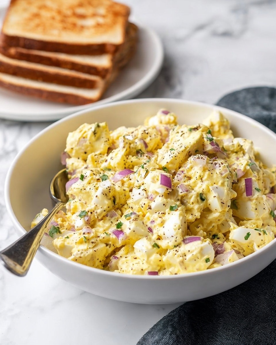A white bowl filled with creamy yellow egg salad mixed with small pieces of white egg whites, light purple onions, and small green herb bits, all coated in a smooth dressing with black pepper sprinkled on top; a metal spoon rests inside the bowl on the left side. In the background, slightly out of focus, there is a white plate holding three slices of toasted bread stacked slightly unevenly, all placed on a white marbled surface with a dark cloth to the right side. Photo taken with an iphone --ar 4:5 --v 7