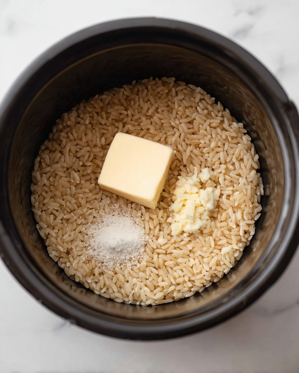 Inside a black rice cooker pot, there is one main layer of light brown rice grains filling the bottom, topped with three smaller groups in the center: a square chunk of pale yellow butter, a small pile of white salt, and a dollop of minced garlic which is off-white with a slightly crumbly texture. The pot sits on a white marbled surface. photo taken with an iphone --ar 4:5 --v 7