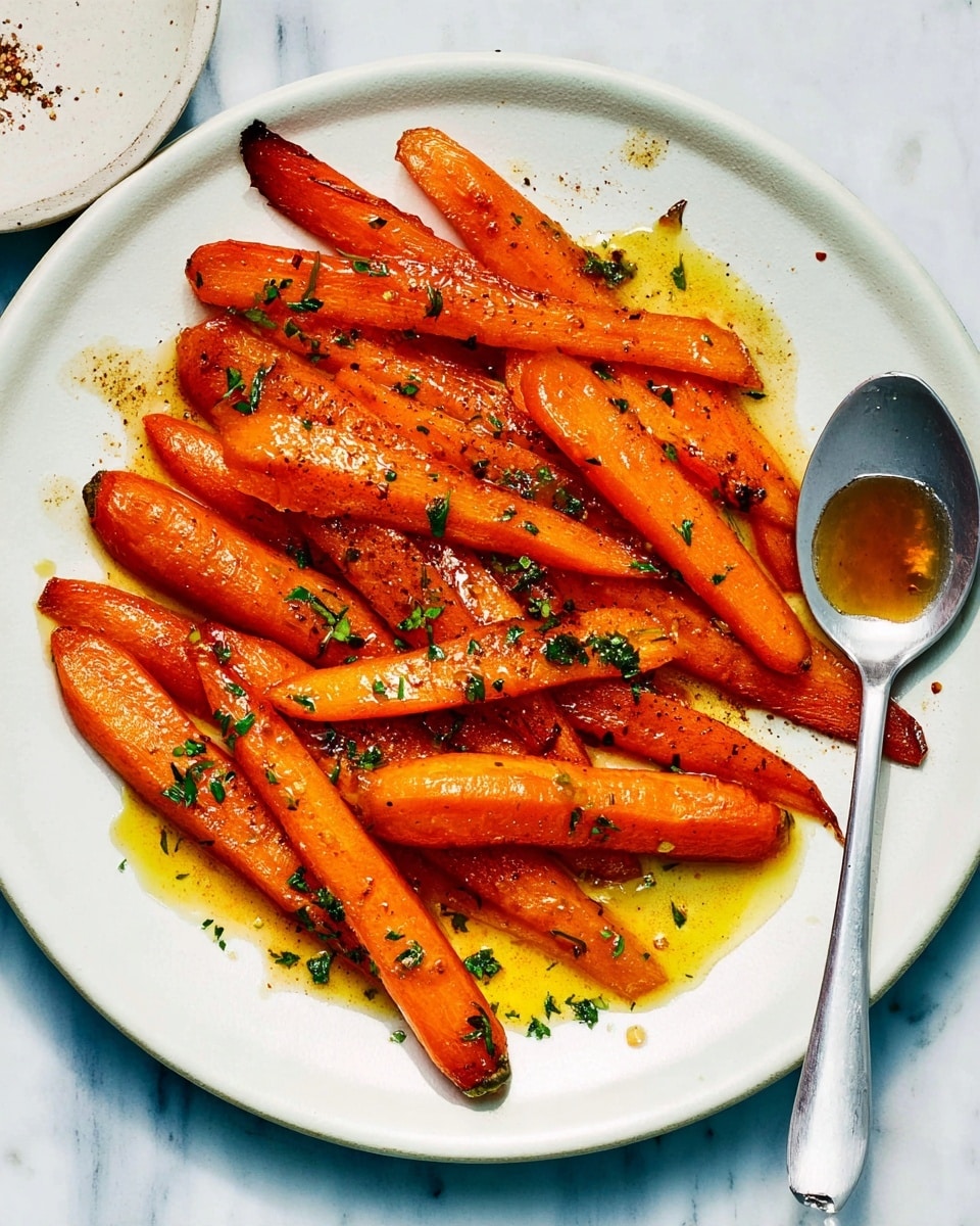 A white plate holds about fifteen roasted carrots with a bright orange color and slight charring on some edges. The carrots are cut into long pieces and sprinkled with finely chopped green herbs and black pepper. A small pool of shiny glaze or sauce is visible around the carrots. A metal spoon rests on the right side of the plate, holding some of the glaze. The plate is placed on a white marbled surface, softly lit from above. photo taken with an iphone --ar 4:5 --v 7