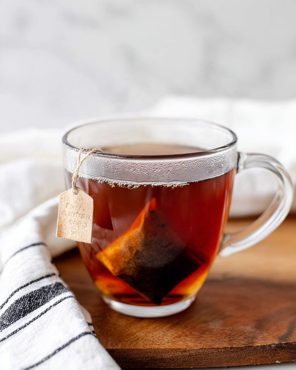 A clear glass cup filled with dark amber chai tea, with a visible tea bag steeping inside. The tea bag string and tag hang over the edge of the cup, resting on a wooden surface. Tiny bubbles cling to the inside of the cup near the top of the tea, showing it is hot. The cup is placed on a white marbled background with a white cloth featuring black stripes nearby. photo taken with an iphone --ar 4:5 --v 7