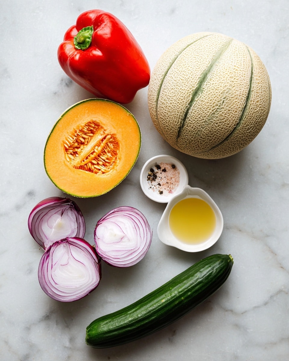 The image shows fresh ingredients arranged neatly on a white marbled surface: one whole cantaloupe melon with a beige, netted rind and green lines along its surface, next to a cantaloupe half with bright orange flesh and visible seeds. To the left is a shiny red bell pepper, and below it, two halves of a purple onion with a smooth white and violet interior. Below the onion, a long, dark green cucumber is placed diagonally. On the right side, two small white bowls hold a light yellow liquid and a mixture of light pink salt and black pepper, both textured visibly. photo taken with an iphone --ar 4:5 --v 7