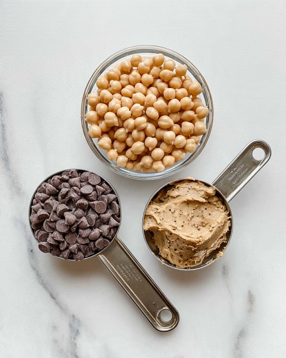 The image shows three containers with ingredients on a white marbled surface. In the center, there is a clear glass bowl filled with beige chickpeas, round and smooth. Below and to the left, a metal measuring cup is filled with dark brown chocolate chips that have a shiny texture. To the right of the chocolate chips, another metal measuring cup holds a creamy, light brown nut butter spread, smooth with small specks visible. All items are neatly arranged in a triangular shape. photo taken with an iphone --ar 4:5 --v 7