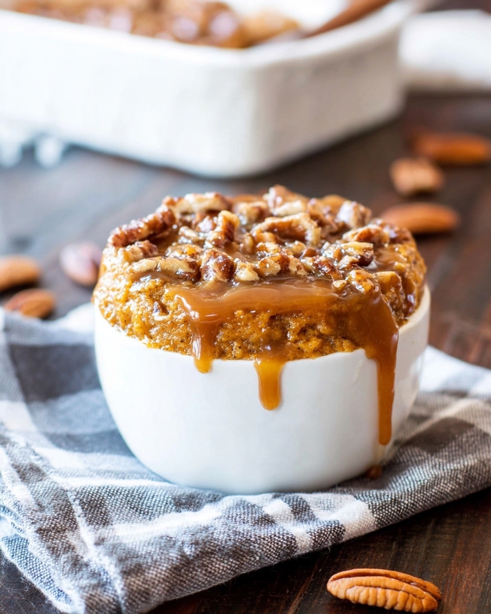 A white bowl filled with a layered dessert featuring a soft orange base with a crumbly texture, topped with a thick layer of brown chopped nuts, likely pecans, scattered unevenly. The entire dessert is covered with a shiny caramel sauce that drips over the nuts and the sides of the bowl. The bowl sits on a folded checkered cloth with gray and white patterns, placed on a dark wooden surface, with scattered pecan halves around it. In the background, out of focus, a white baking dish holds more of the layered dessert on a white marbled surface. photo taken with an iphone --ar 4:5 --v 7