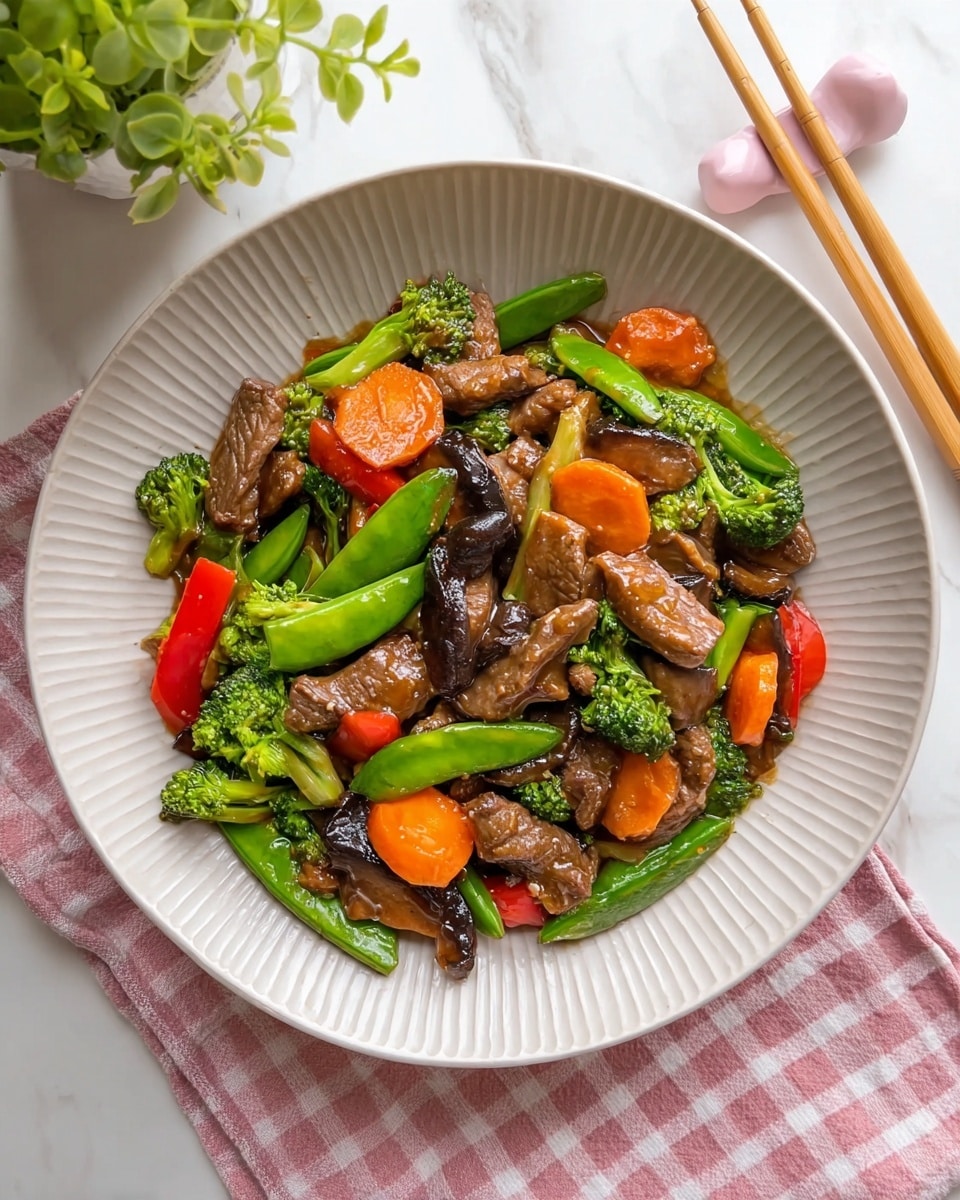The dish is a colorful stir-fry served in a white round plate with ridged edges. The first layer consists of bright green snap peas and broccoli florets scattered throughout. On top of that are thick slices of dark brown cooked mushrooms and medium-sized pieces of brown meat. Vibrant orange crinkle-cut carrot slices and chunks of red bell pepper add pops of color evenly mixed into the dish. The vegetables and meat are coated in a glossy brown sauce that gives a shiny texture to the whole dish. The plate is placed on a white marbled surface, next to a pair of wooden chopsticks with light pink handles and part of a green plant in a white pot is visible on the upper left corner. The lower part of the image shows a pink and white checkered cloth under the plate. photo taken with an iphone --ar 4:5 --v 7