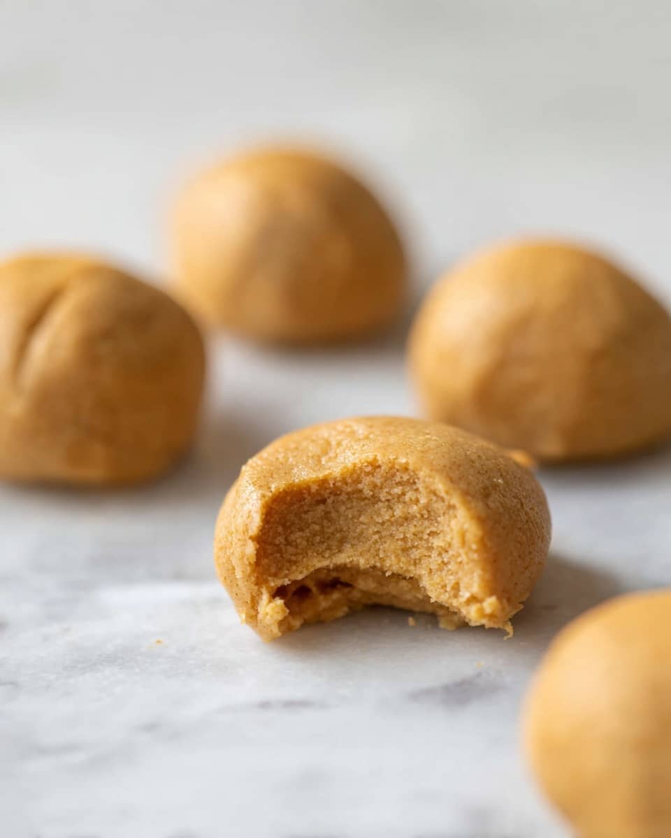 A stack of three round peanut butter cookies sits in the center of the image on a white marbled surface. Each cookie is thick and soft, with a smooth light brown color and some small cracks on the surface showing a slightly crumbly texture. The cookies are closely stacked, with the top cookie slightly leaning, showing the uneven, homemade feel. The background is plain white, drawing full attention to the cookies. photo taken with an iphone --ar 4:5 --v 7