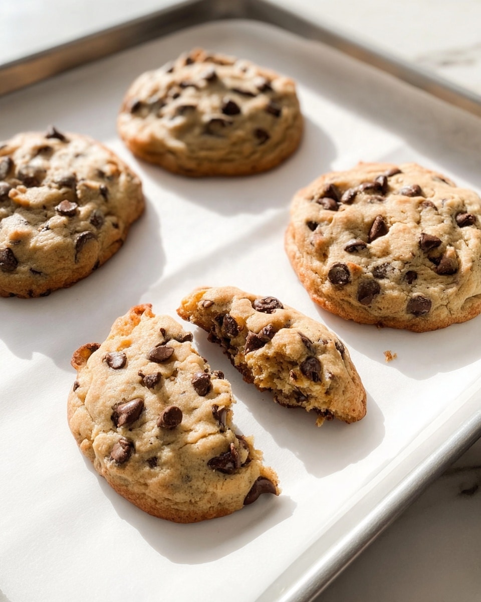 The image shows a white baking tray with four large chocolate chip cookies resting on it. Each cookie is round and golden brown with a slightly uneven surface textured by many small dark brown chocolate chips scattered all over. One cookie is partially broken in half, revealing a soft inner crumb with embedded chocolate chips. The white tray sits on a white marbled surface, and the warm sunlight highlights the cookies’ slightly crispy edges and soft centers. photo taken with an iphone --ar 4:5 --v 7