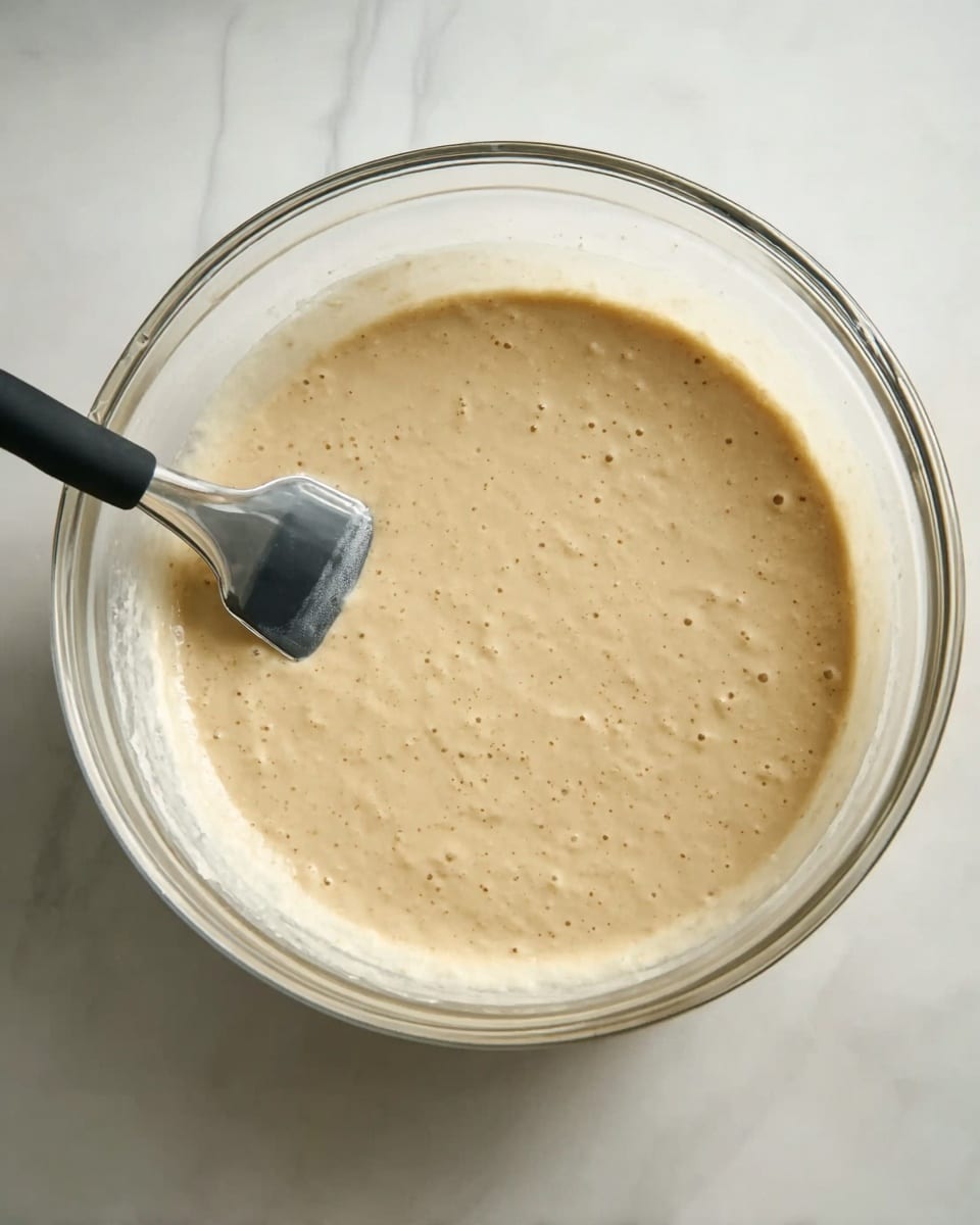 A clear glass bowl filled with a light beige batter that has small bubbles on its smooth surface, and a black and silver spatula is partially dipped into the batter on the left side of the bowl. The bowl sits on a white marbled surface. The batter looks creamy and thick with a slight shine. photo taken with an iphone --ar 4:5 --v 7
