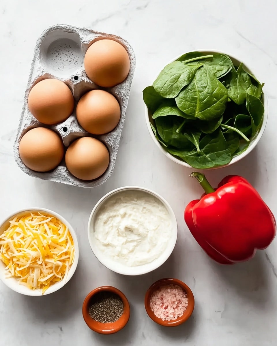 The image shows six brown eggs in a grey carton on the upper left side on a white marbled surface. Next to the eggs, on the upper right side, is a white bowl filled with fresh green spinach leaves. Below the spinach, there is a shiny red bell pepper, and below that is a white bowl filled with a white creamy substance. On the bottom left, there is a small cup with shredded yellow and white cheese. Two small terracotta bowls sit on the lower right side; one has pink salt, and the other has ground black pepper. The arrangement is simple and clean, all placed on the white marbled background. photo taken with an iphone --ar 4:5 --v 7