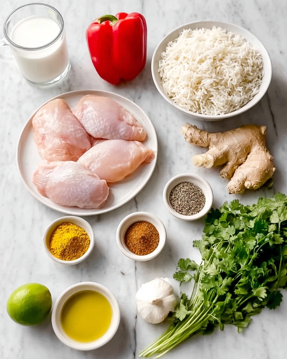 The image shows a white plate with three raw chicken pieces that are light pink in color and smooth in texture, placed on a white marbled surface. Nearby, there is a white bowl filled with cooked white rice that looks fluffy, and a small transparent mug filled with white coconut milk. A red bell pepper with a shiny skin, a whole yellow onion with smooth skin, a lime with bright green and bumpy skin, and a bunch of green parsley with many leaves sit around the plate. There are also four small white bowls filled with different spices: one with bright yellow powder, one with a mix of white and black, one with brown powder, and one with a darker shade of brown powder. A shiny yellow oil is in a small white bowl, and fresh garlic bulbs along with light brown ginger root pieces with rough skin are also present on the surface. The whole setup is on a white marbled table. Photo taken with an iphone --ar 4:5 --v 7