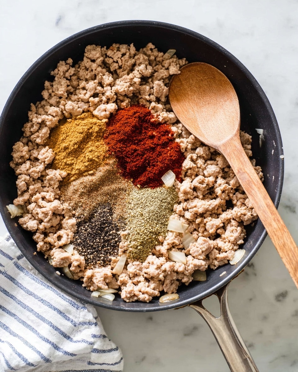 A black pan filled with cooked ground meat that is light brown in color, with some small pieces of translucent onions mixed in. On top of the meat, five piles of different spices are arranged in a semi-circle: a large yellowish-brown pile at the bottom, a smaller bright red pile above it to the left, a dark reddish-brown pile above that, a small pile of black and white pepper to the right of the dark red pile, and another small bright red pile below the pepper. A wooden spoon with a brown handle rests inside the pan on the right side, partially covering some of the meat. The pan is placed on a white marbled surface with a white and blue striped cloth folded nearby. photo taken with an iphone --ar 4:5 --v 7