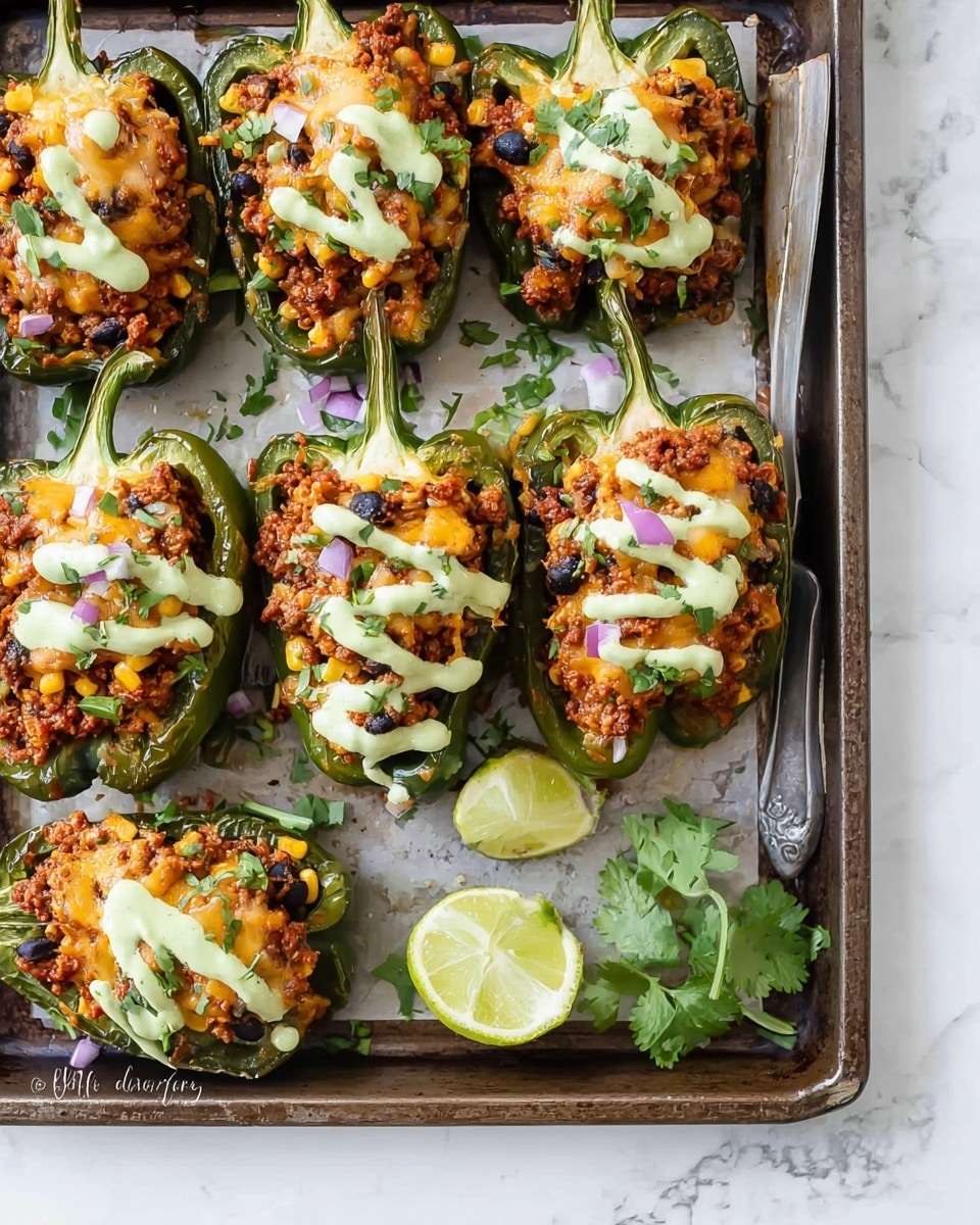 This image shows a baking tray filled with six stuffed green bell pepper halves, each layered with a base of dark green pepper skin, topped with a reddish-brown ground meat mixture with bits of black beans and corn, followed by melted yellow cheese. Drizzled on top is a creamy light green sauce, and the dish is garnished with small pieces of fresh green herbs and finely chopped purple onion. A lime wedge and a sprig of cilantro rest on the tray near the peppers.The tray sits on a white marbled surface. photo taken with an iphone --ar 4:5 --v 7