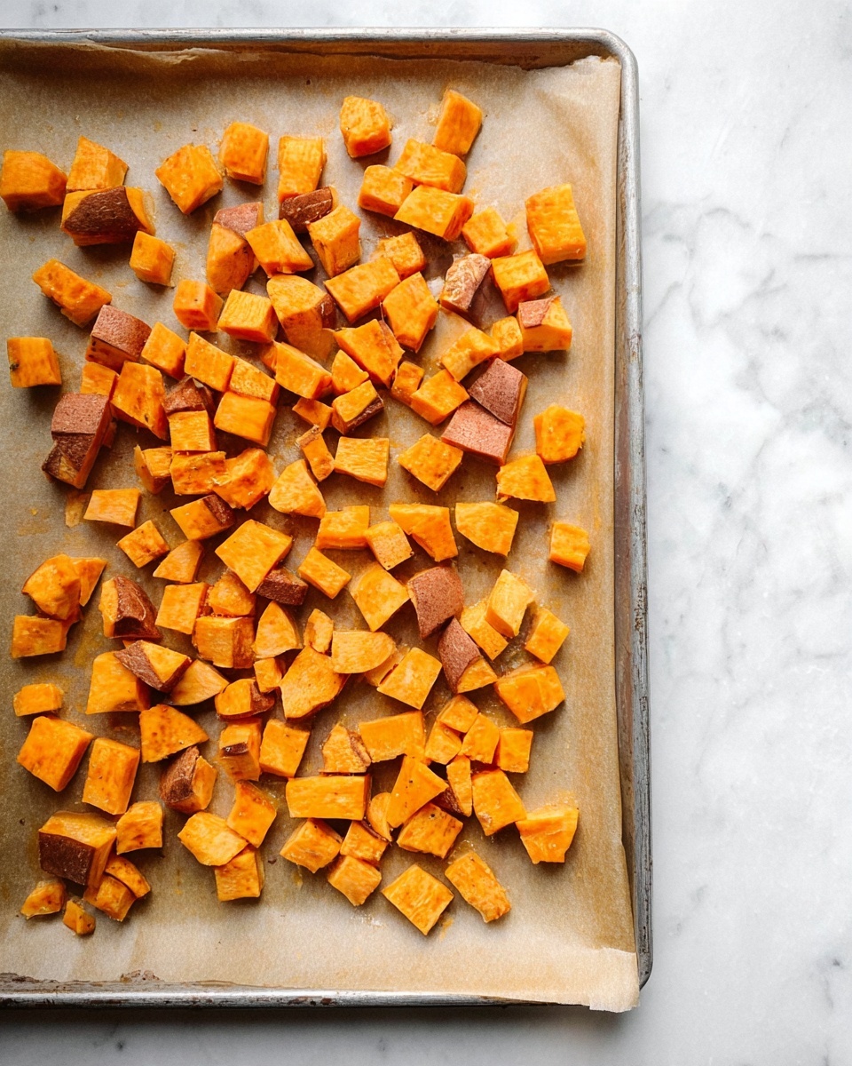 A metal baking tray covered with light brown parchment paper holds many small, orange cubes of sweet potatoes with some pieces showing dark orange skin. The cubes are spread out evenly on the tray, some touching but not piled. The parchment paper has slight crinkles and the tray sits on a white marbled surface. The lighting is soft and natural, giving the sweet potato cubes a fresh and slightly shiny look photo taken with an iphone --ar 4:5 --v 7