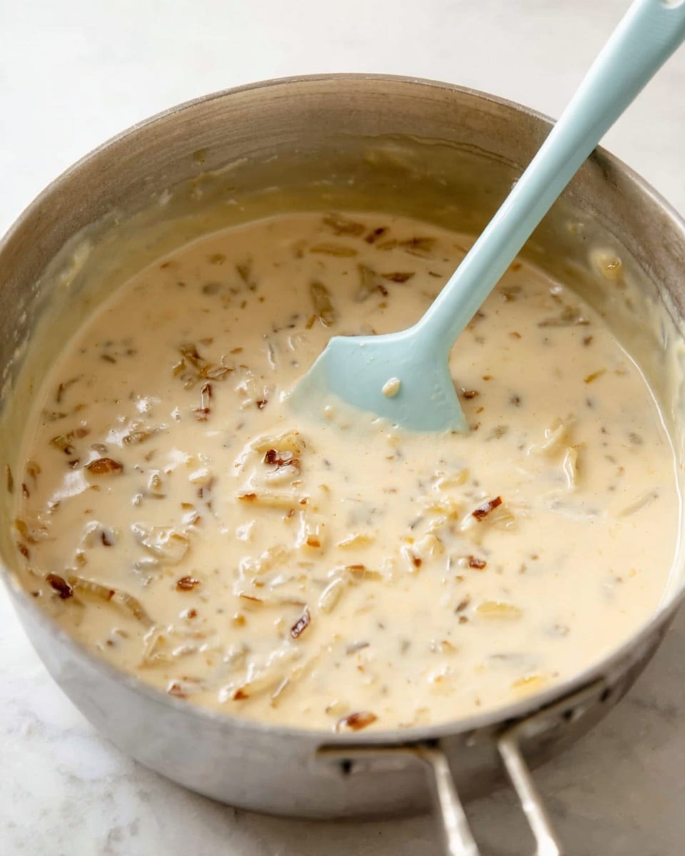A close-up view of a light beige creamy sauce with small chunks of browned onions mixed inside, all contained in a tall silver pot. A light blue spatula is partially submerged on the right side, stirring the sauce. The pot is placed on a white marbled surface that adds a clean, bright background to the image. The sauce has a smooth, thick texture that looks rich and velvety, with some golden bits spread evenly throughout. photo taken with an iphone --ar 4:5 --v 7