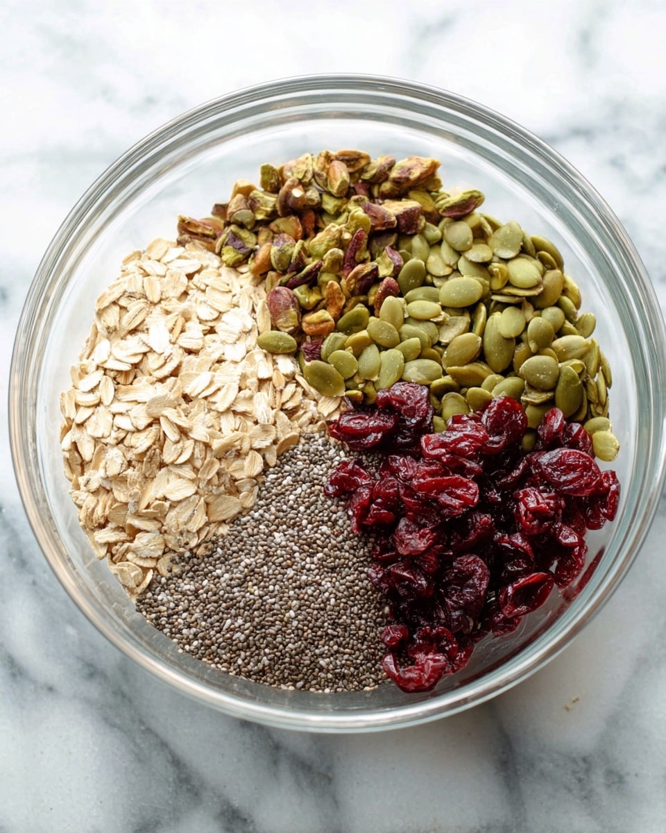 A clear glass bowl filled with five different ingredients arranged in separate sections inside. Starting from the top left and moving clockwise, there are small chopped pistachios in a brownish green shade, light beige rolled oats, green pumpkin seeds that are smooth and oval-shaped, tiny gray chia seeds with a grainy texture, and dark red dried cranberries that look moist and slightly shiny. The bowl sits on a white marbled surface. photo taken with an iphone --ar 4:5 --v 7