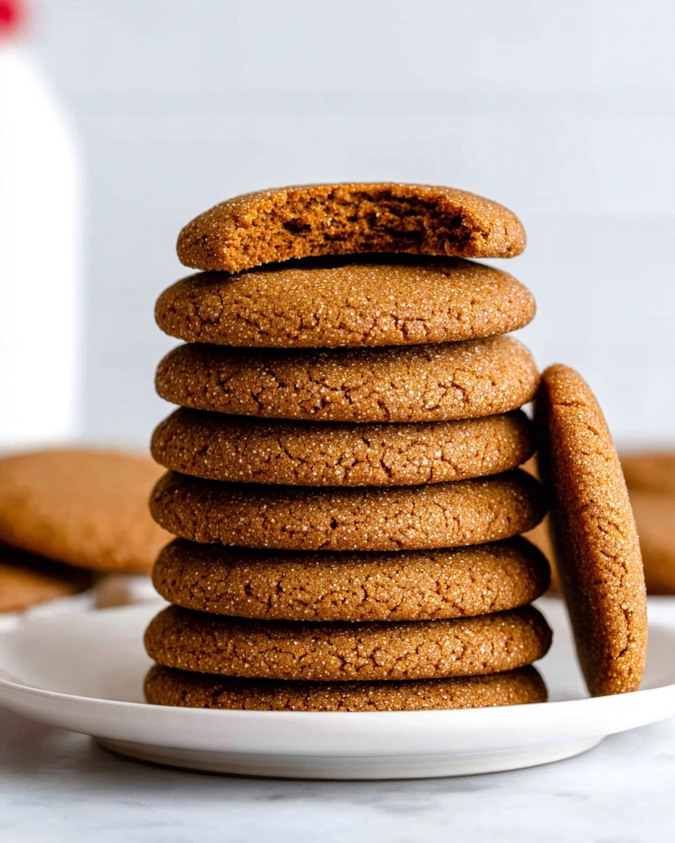A tall stack of ten round brown cookies sits on a white plate on a white marbled surface. The cookies have a slightly rough texture with small bubbles and cracks on them. The top cookie has a large bite taken out, showing a chewy softer inside. One extra cookie leans against the stack on the right side. In the background, blurred cookies lay on the surface. The photo taken with an iphone --ar 4:5 --v 7