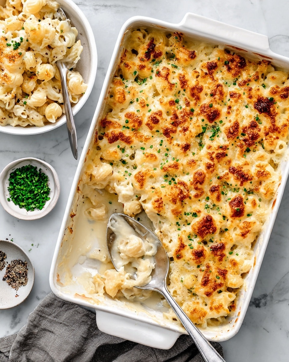 A white rectangular baking dish filled with creamy macaroni and cheese topped with a golden brown melted cheese layer that has small browned spots and green chopped chives sprinkled evenly. A metal serving spoon scoops out a portion from the bottom left corner, showing pasta in a thick white sauce beneath the browned cheese. A white bowl with a serving of the macaroni and cheese sits to the top left with a woman's hand holding a fork inside it. On the white marbled surface, there are two small white bowls, one with chopped green chives and the other with black pepper and salt. A gray cloth napkin is folded near the bottom left corner. Photo taken with an iphone --ar 4:5 --v 7