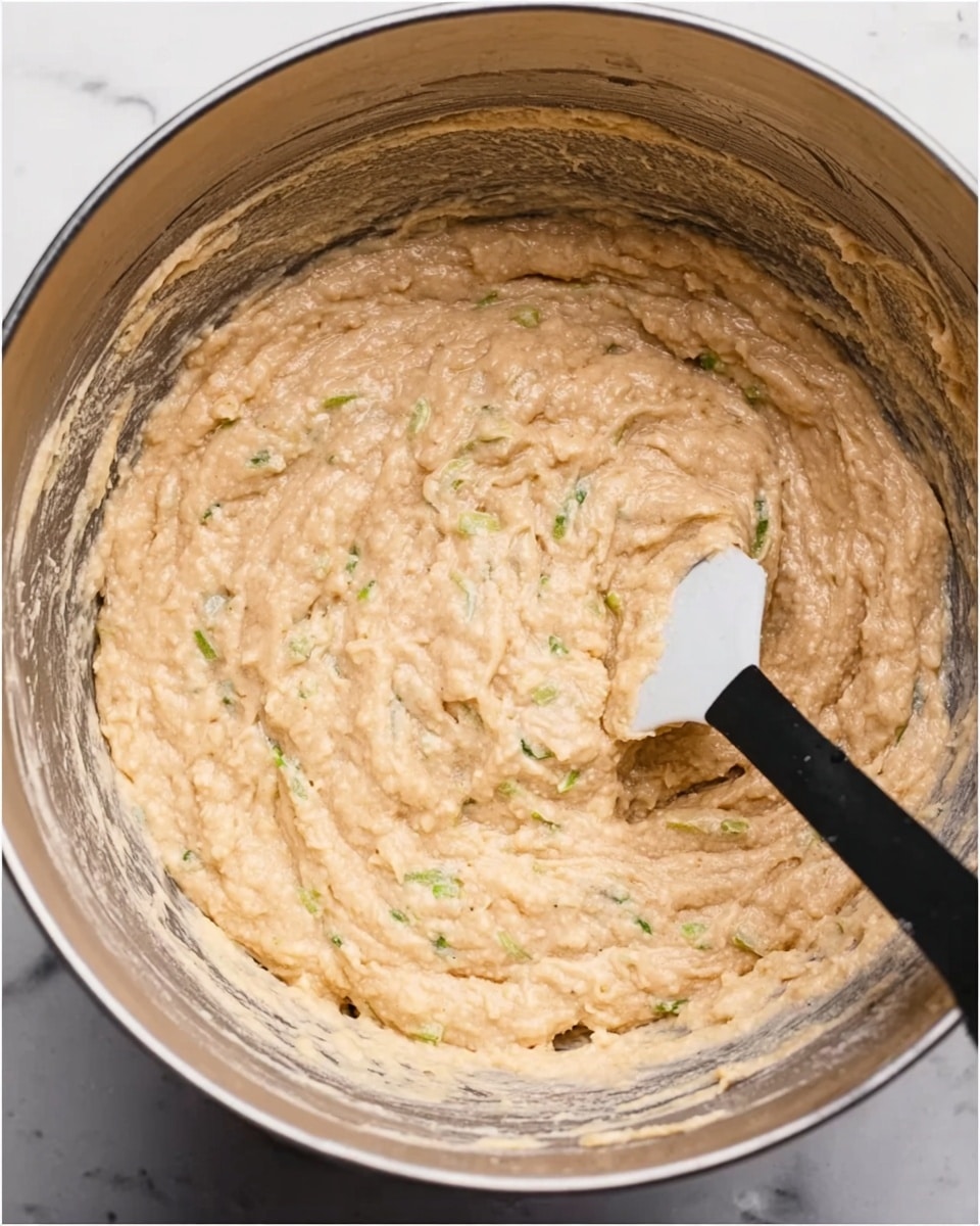 The image shows a close-up view of a large round metal mixing bowl filled with a thick, beige batter that has small green flecks and a slightly lumpy texture. A black spatula with a white silicone head is partially submerged in the batter, suggesting the mixture is being stirred. The bowl has smooth, shiny metal sides with some batter residue clinging to the inside. The background visible around the bowl is a white marbled surface. photo taken with an iphone --ar 4:5 --v 7