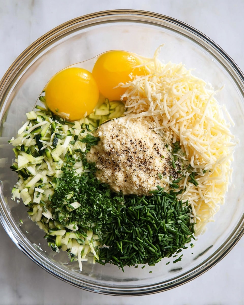 A clear glass bowl contains several layered ingredients all visible from above: on the left side, there are two bright yellow egg yolks sitting in clear egg whites; next to them is a pile of light green grated zucchini; in the middle sits a small mound of beige mayonnaise or similar creamy sauce, topped with dark specks of ground black pepper; to the right and partially below the sauce are finely chopped fresh green herbs, including chives and parsley; on the far right side, there is a heap of pale off-white shredded cheese; all ingredients sit neatly separated but close to each other inside the glass bowl, which is placed on a white marbled surface photo taken with an iphone --ar 4:5 --v 7