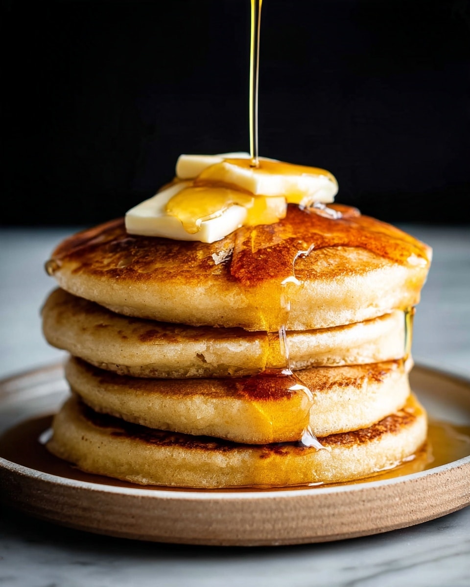 A stack of four thick, golden brown pancakes sits on a white plate with a slightly raised edge. On top of the pancakes are two rectangular pats of pale yellow butter melting slightly. Golden syrup is being poured from above, flowing slowly over the top pancake and running down the sides of the stack, creating shiny, drippy trails. The background is dark, and the surface below the plate is white marbled. The focus is close and sharp, showing the texture of the pancakes and the wet syrup details photo taken with an iphone --ar 4:5 --v 7