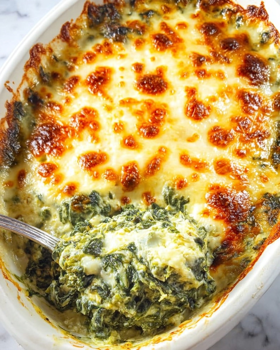 The dish is a baked casserole shown in a white oval dish with a golden-brown melted cheese layer on top. The top layer is uneven with browned spots and bubbly textures, showing melted cheese with a mix of yellow and light brown shades. Underneath, there is a thick layer of green spinach mixed with a creamy, smooth sauce that peeks through the cheese. A silver utensil is scooping from the right side, revealing the soft, dense spinach mixture beneath the golden crust. The dish sits on a white marbled surface. photo taken with an iphone --ar 4:5 --v 7
