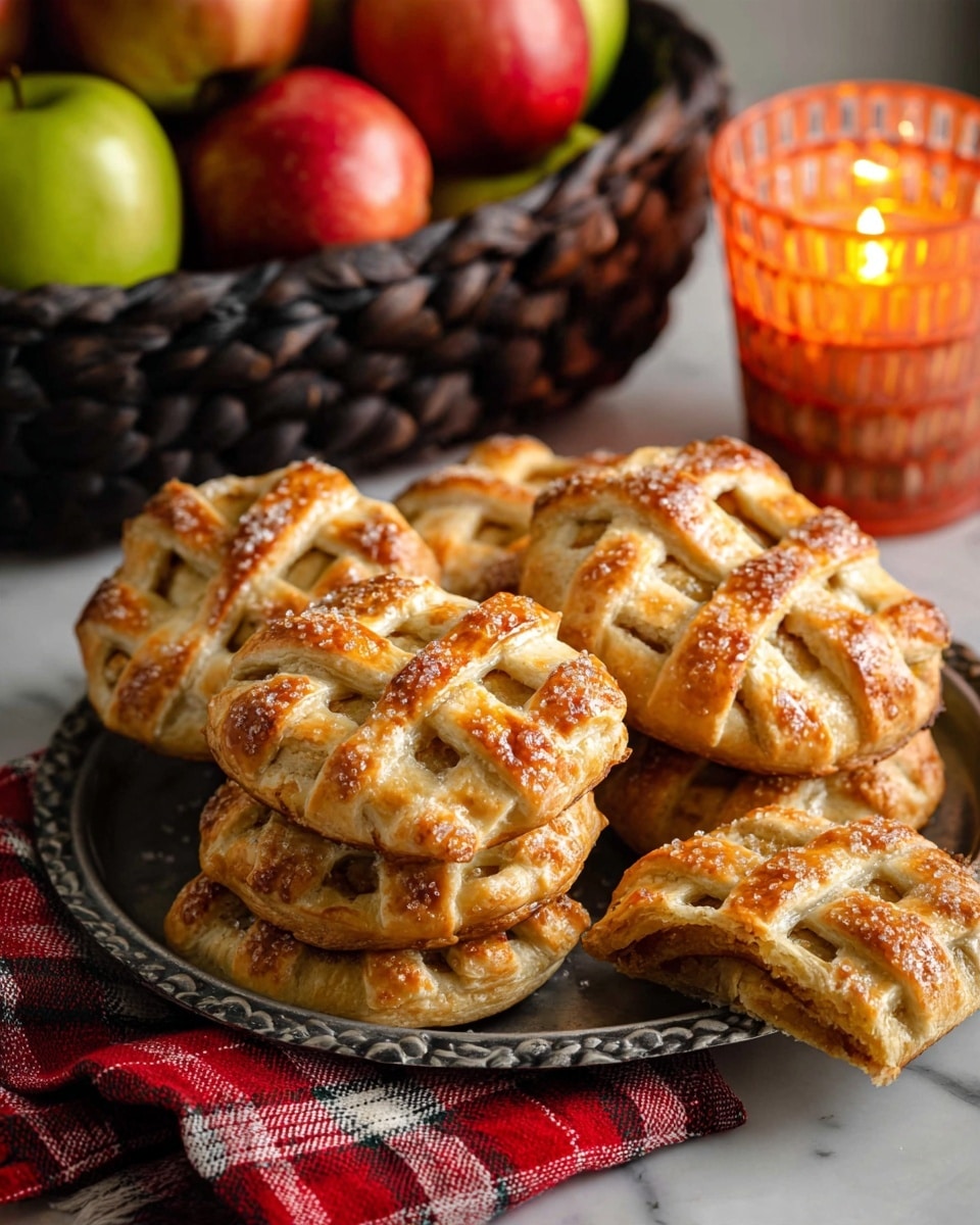 The image shows a metal round tray filled with seven golden brown lattice-topped pastries that have a slightly shiny and flaky texture, with sugar crystals sprinkled on top. The pastries are stacked, some laying flat while others are leaning against each other, and one is resting outside the tray on a red and white checkered cloth. In the background, there is a dark woven basket filled with red and green apples, and a small orange candle with a white plaid pattern glowing softly. All items are placed on a white marbled surface photo taken with an iphone --ar 4:5 --v 7