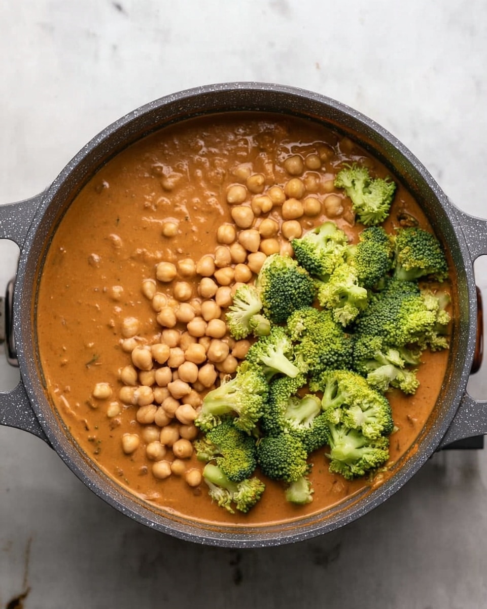 In a round gray cooking pot with handles on both sides, there is a thick orange-brown sauce filling the pot. On top of the sauce, on the left side, there are many small round beige chickpeas clustered together. On the right side of the chickpeas, there are many small bright green broccoli florets spread out, adding color and texture contrast against the smooth sauce. The pot is on a white marbled surface. Photo taken with an iphone --ar 4:5 --v 7