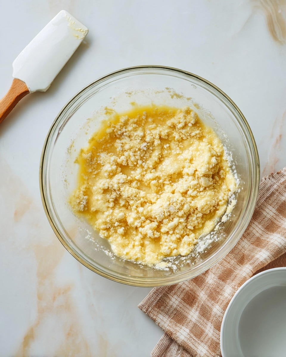 A clear glass bowl sits in the center on a white marbled surface, filled with a mixture of light yellow, lumpy batter that pools with a wet, syrupy texture and has some dry white flour patches on top. Around the bowl, on the left, there is a white spatula with a wooden handle resting angled diagonally, and on the right edge, a white bowl is partially visible. A folded checkered cloth in light brown and white tones lies under the white bowl, adding a soft, cozy touch. The whole setting has a soft, natural light with a clean and fresh look photo taken with an iphone --ar 4:5 --v 7