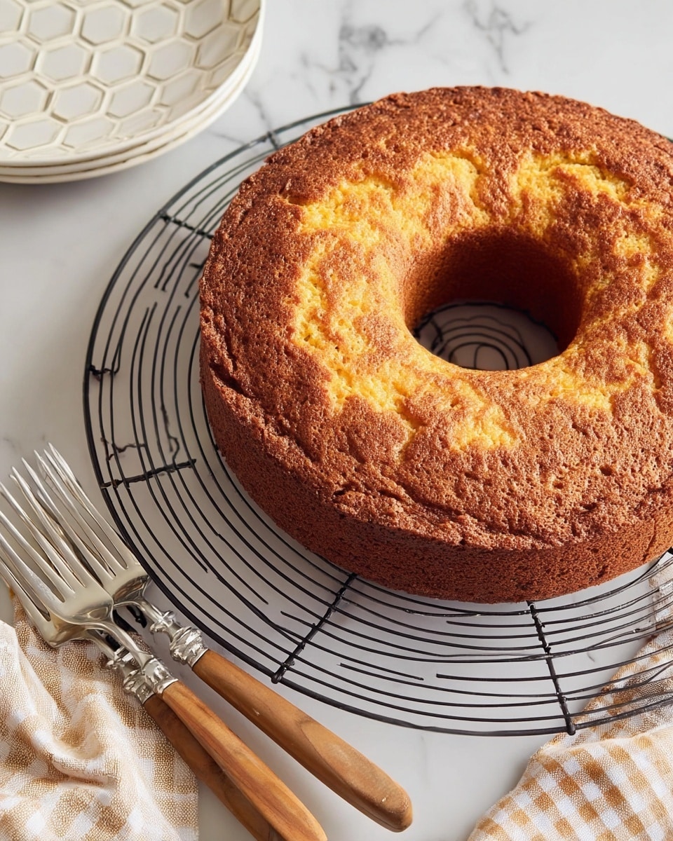 A single-layer round cake with a hole in the middle sits on a black cooling rack over a white marbled surface. The cake is golden brown with a textured, slightly rough top that shows cracks and unevenness. Next to the cake are three shiny forks with wooden handles and a white plate with a hexagon pattern. A beige and white checkered cloth is partially visible on the right side. Photo taken with an iphone --ar 4:5 --v 7