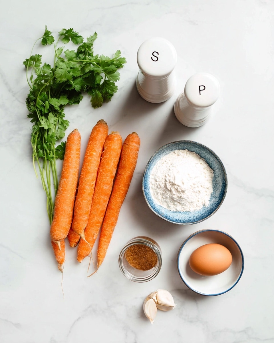 The image shows cooking ingredients arranged on a white marbled surface. On the left side, there are three whole orange carrots laying side by side, with green fresh cilantro leaves above them. To the right of the carrots, a small white bowl with a blue inside edge holds white flour. Above this bowl, there are two white tall shakers labeled with