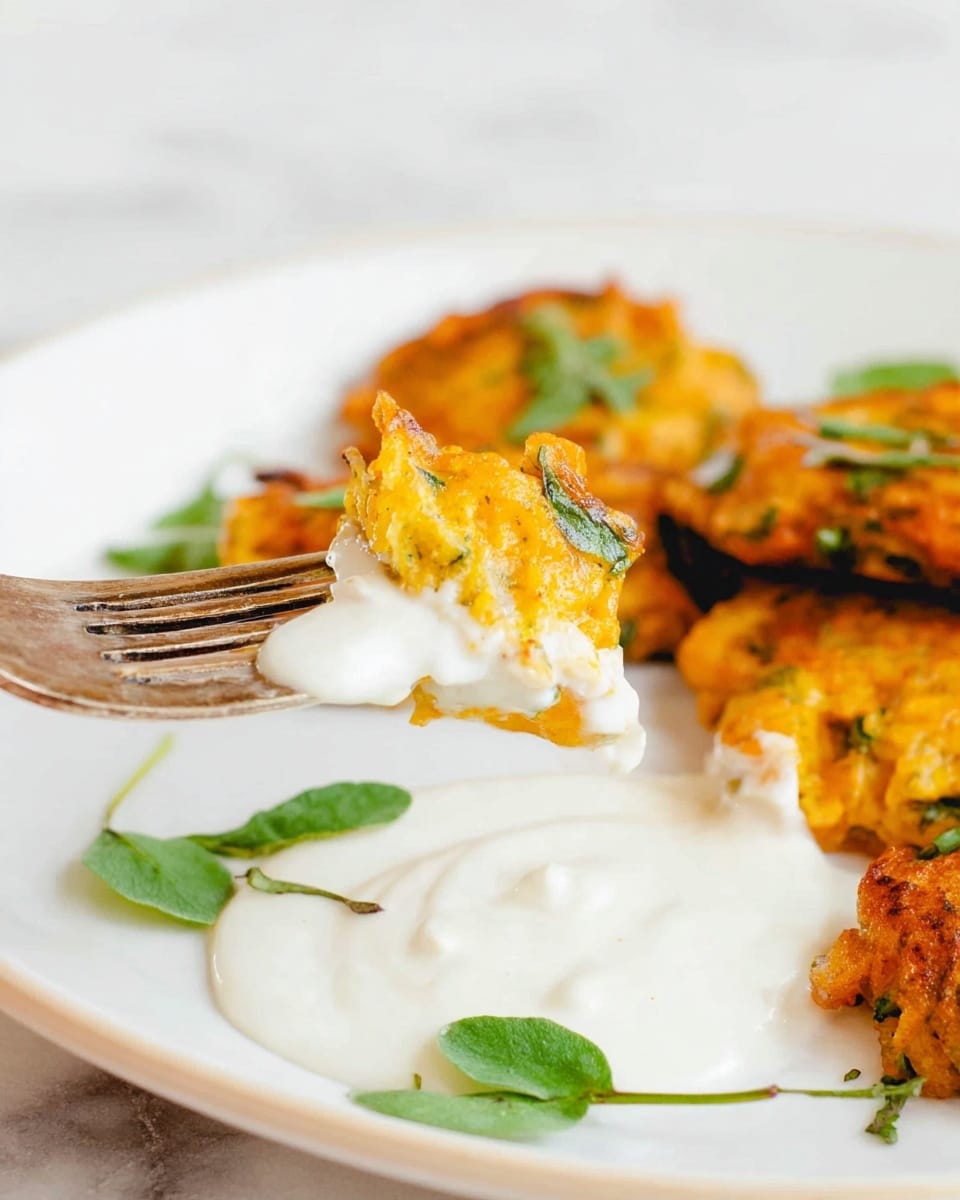 The image shows a close-up of a fork holding a golden-orange fritter with visible green herb pieces, dipped halfway into a thick white sauce on a white plate. Several similar fritters with a slightly crispy texture and scattered herbs lie flat on the plate, with small green leaves used as garnish around them. The plate is set on a white marbled surface, adding a clean and bright background. photo taken with an iphone --ar 4:5 --v 7