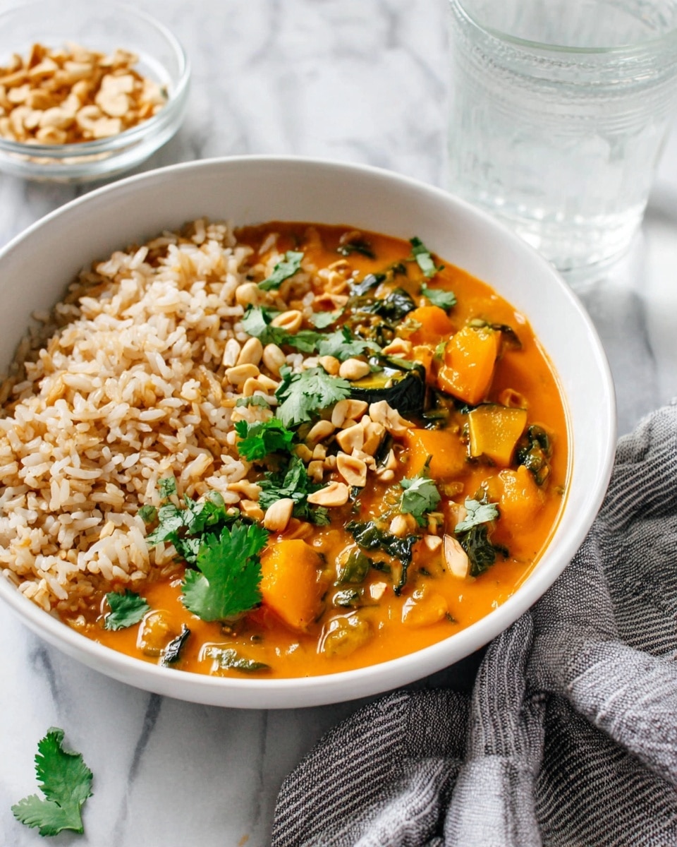 A white bowl filled with two main layers: on the left, light brown cooked rice with a slightly dry texture and on the right, thick orange soup with visible dark green leafy vegetable pieces and chunks of yellow squash. The soup layer is topped with beige chopped nuts and fresh green cilantro leaves, adding texture and color contrast. The bowl sits on a white marbled surface with a blurred small clear bowl of nuts and a glass of water in the background. A grey striped cloth is partially seen on the lower right corner. Photo taken with an iphone --ar 4:5 --v 7