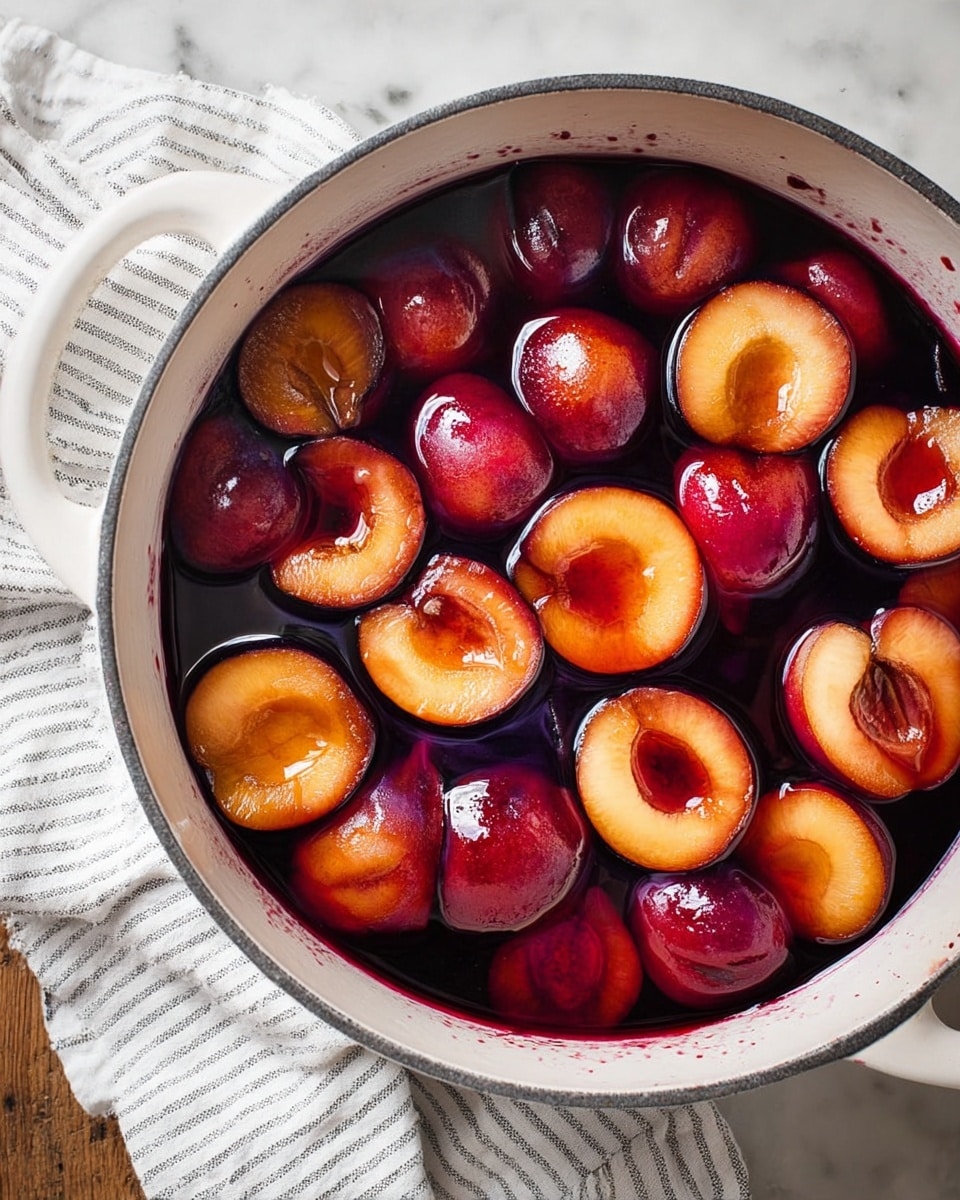 A white pot filled with around sixteen halved plums floating in a thick, dark red syrup. The plum halves show their light yellow to orange flesh and deep red skin with a shiny, wet texture. The pot sits on a white marbled surface with a white and black striped cloth beside it. Photo taken with an iphone --ar 4:5 --v 7