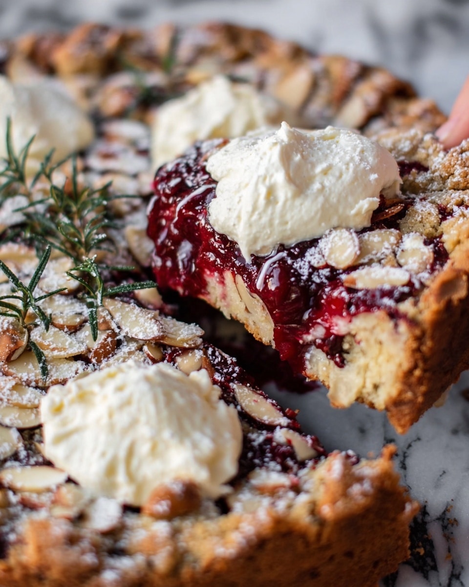 A close-up view of a round dessert with a golden brown crust sprinkled with powdered sugar and almond slices, with green herb sprigs on top. The crust appears thick and crumbly with a textured surface. In the center, there is a glossy dark red berry filling that looks slightly syrupy, mixed with nut pieces. On top of the filling, there are two big dollops of creamy, white whipped topping. A slice is being lifted out, revealing the layers inside: the crust, thick berry filling, and soft cream. The dish is placed on a white marbled surface. photo taken with an iphone --ar 4:5 --v 7