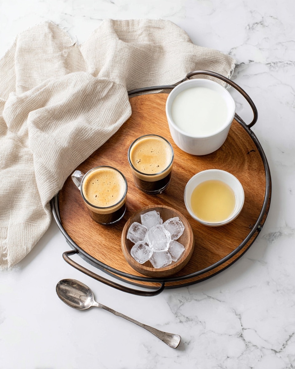 A round wooden tray with black metal handles holds several items arranged neatly on a white marbled surface: two small clear glasses filled with dark brown espresso topped with light foam sit side by side near the center, a white bowl filled with white milk is placed toward the top right, a small white bowl containing light yellow syrup or honey is at the bottom left, and a small wooden bowl filled with clear ice cubes rests to the right side. A beige linen napkin is draped casually over the top left corner of the tray, and a long silver spoon with a rounded end lies outside the tray on the white marbled surface at the bottom right. photo taken with an iphone --ar 4:5 --v 7