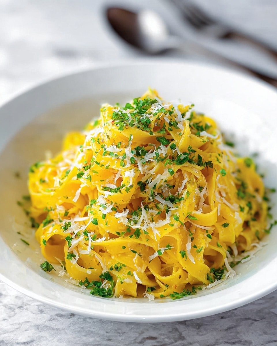A white bowl holds a mound of yellow pasta ribbons that look soft and slightly shiny. The pasta is topped with small, thin white shreds of cheese that scatter lightly over the surface. Bright green chopped herbs are sprinkled all over the pasta, adding a fresh contrast of color. The bowl sits on a white marbled surface with a blurred spoon and fork in the background. The overall look is simple, fresh, and inviting. photo taken with an iphone --ar 4:5 --v 7
