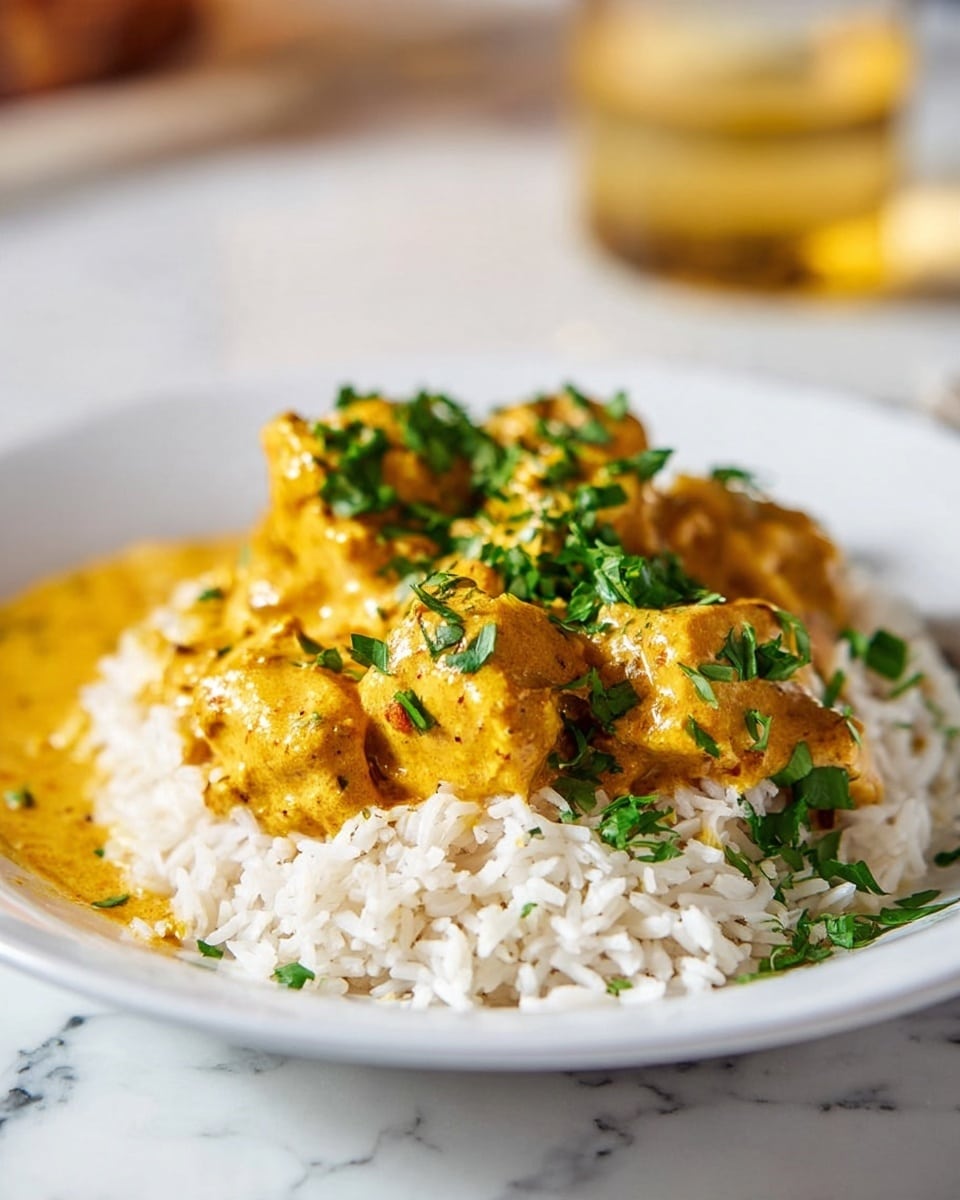 A white plate holds two main layers; the bottom layer is a neat bed of white rice with long grains, looking soft and fluffy, and the top layer is chunks of yellow-orange curry with a creamy texture covering the rice, dotted with small bits of spices and herbs. Bright green chopped herbs are scattered on top of the curry, adding a fresh color contrast. The dish rests on a white marbled surface, and in the blurred background, a transparent bowl with a golden liquid can be seen. photo taken with an iphone --ar 4:5 --v 7