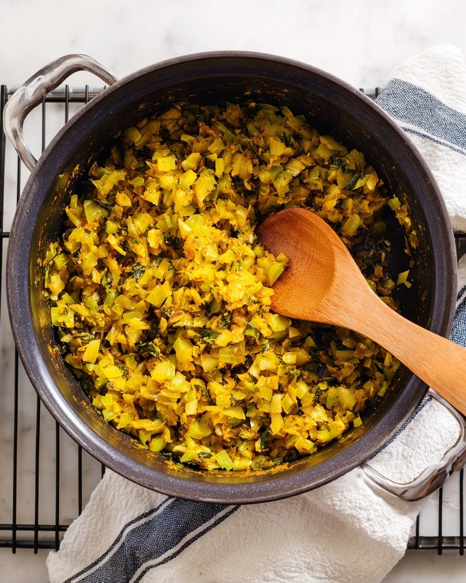 A deep black pot is filled with a mixture of finely chopped yellow and green vegetables, cooked to a soft texture with some spices visible, giving the food a warm golden hue. A wooden spoon with a smooth surface rests inside the pot, partially covered by the dish. The pot sits on a black cooling rack placed over a white marbled surface, with a white cloth featuring thin dark stripes folded neatly to the right side. The overall look is warm and inviting, showing a cooked vegetable dish in a rustic pot photo taken with an iphone --ar 4:5 --v 7