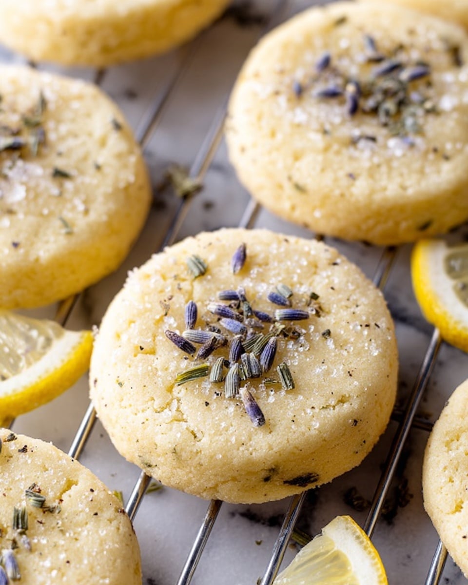 A close-up view of a group of round lemon lavender cookies arranged on a cooling rack over a white marbled surface. Each cookie has a pale yellow color with a soft, slightly crumbly texture. The tops are sprinkled with small pieces of dried lavender and granulated sugar, adding a textured contrast. Around the cookies, there are thin lemon slices placed casually. The focus is sharp on the center cookie, showing its delicate details clearly. Photo taken with an iphone --ar 4:5 --v 7
