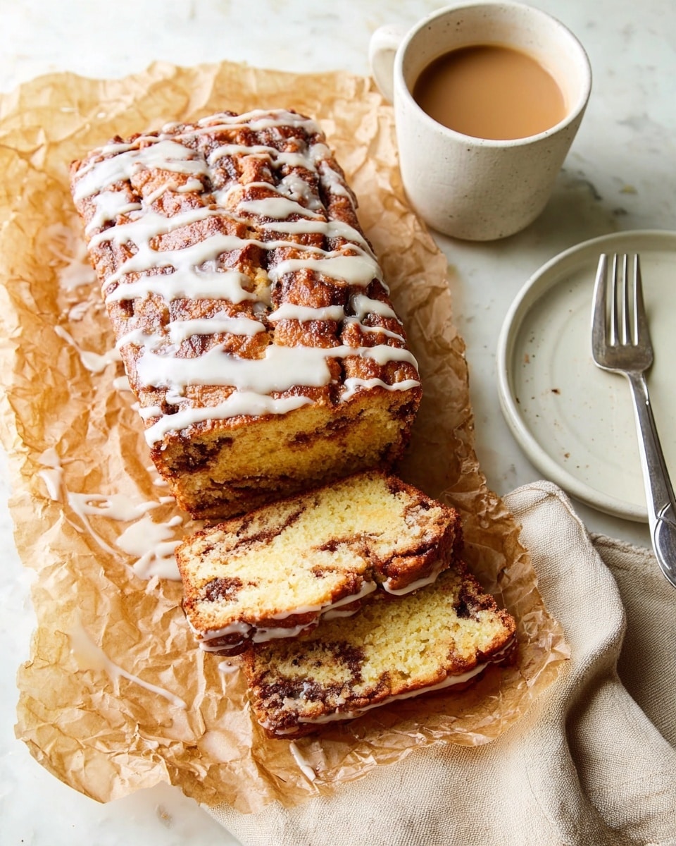 A loaf of cinnamon swirl cake sits on crumpled parchment paper over a white marbled surface. The cake has a golden-brown crust with a visible cinnamon swirl running through the moist yellow inside. Two thick slices are cut from the front, showing the cinnamon layers clearly. The top is drizzled with white icing in uneven lines. To the right, there is a white plate with a silver fork resting on it and next to it a white cup filled with light brown coffee. A beige cloth is placed under the parchment paper near the right edge. photo taken with an iphone --ar 4:5 --v 7