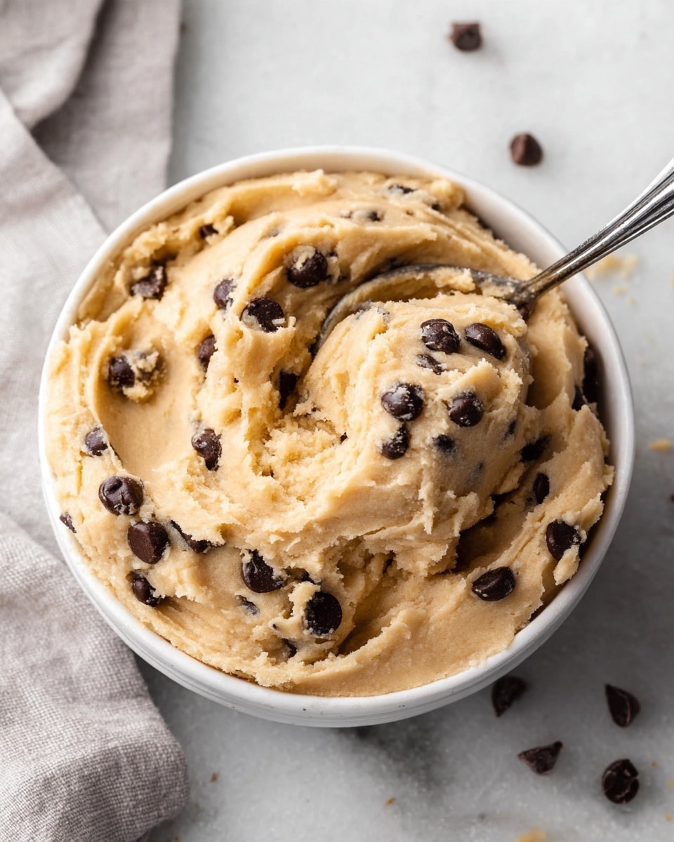 A close-up of a small, round white bowl filled with creamy, light tan cookie dough mixed with dark brown chocolate chips, showing soft and smooth texture with slight swirls. A metal spoon is scooping some dough from the right side of the bowl. The bowl sits on a white marbled surface with a folded light gray cloth nearby, and a few scattered chocolate chips are visible on the surface. photo taken with an iphone --ar 4:5 --v 7